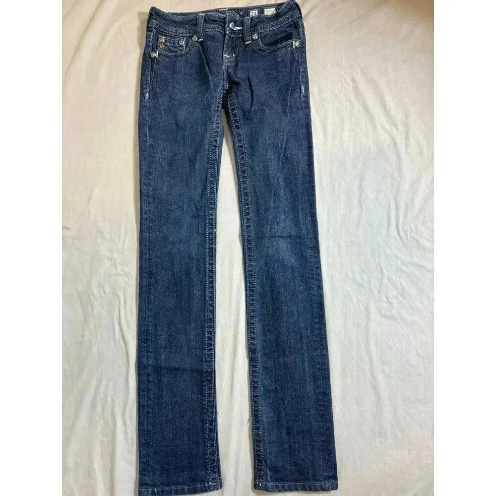 Miss Me Straight Leg Denim Bedazzled Jeans Size 24 JP6048T3 Inseam 31